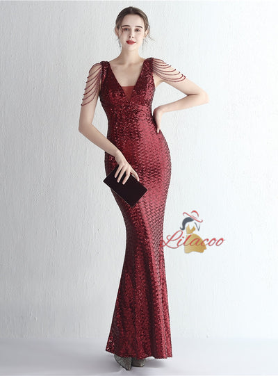 Mermaid Sequins V-neck Beading Prom Dress