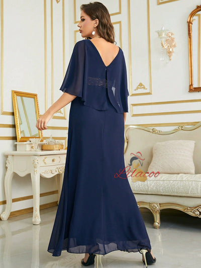 Navy Blue Chiffon V-neck Prom Dress
