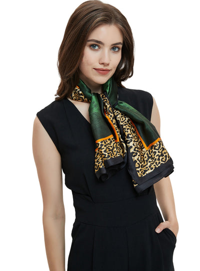 Green Chiffon Leopard Print Square Scarf