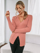 Solid Color V-neck Pullover Cross Sweater