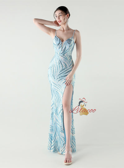 Mermaid Sequins Spaghetti Straps Split Prom Dress