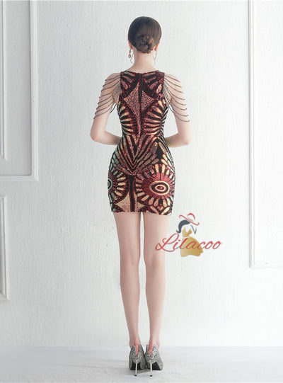 Burgundy Sequins Beading Mini Prom Dress