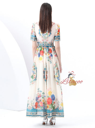 Short Sleeve Printed Long Dress