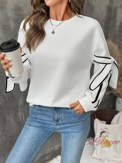 Contrast Bow Round Neck Long Sleeve Top