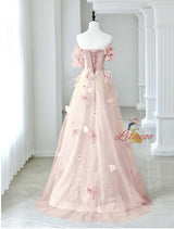 Blue Tulle Sequins Off the Shoulder Flower Prom Dress