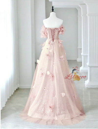 Blue Tulle Sequins Off the Shoulder Flower Prom Dress