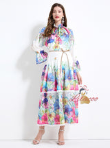 Horn Sleeve Button Printed Long Dress