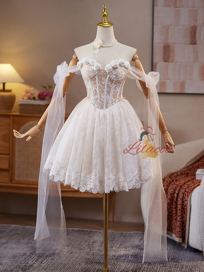 White Lace Off the Shoulder Flower Wedding Dress