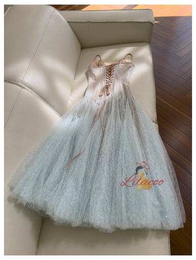Blue Lace Pleats Straps Prom Dress