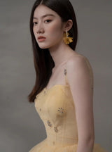 Yellow Tulle Spaghetti Straps Beading Prom Dress