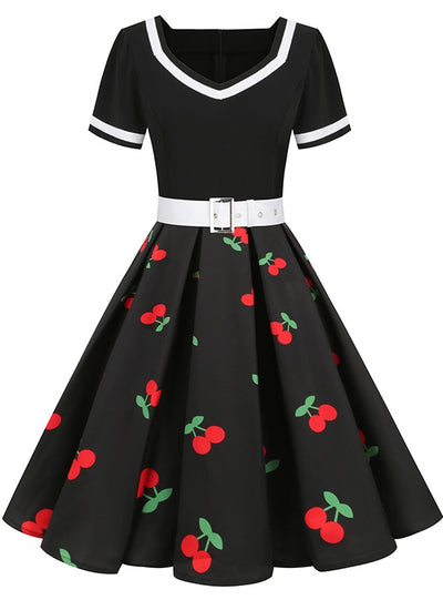 Stitching Printed V-neck Short Sleeve Retro Dress