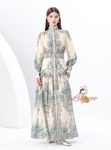 Retro Printed Lantern Sleeve Dress