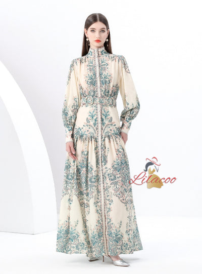 Retro Printed Lantern Sleeve Dress