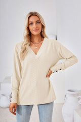 V-neck Jacquard Button Loose T-shirt