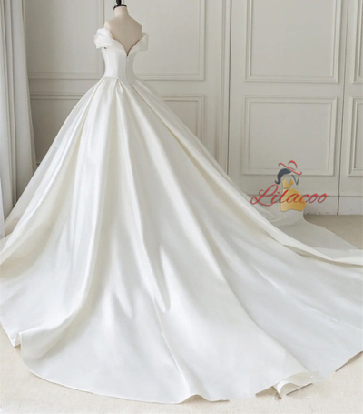 White Satin Off the Shoulder Wedding Dress