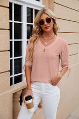 Button V-neck Solid Color Loose T-shirt