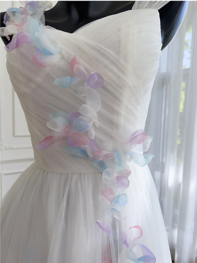 White Tulle Flower Pleats Prom Dress