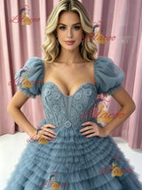 Blue Tuller Tiers Puff Sleeve Prom Dress