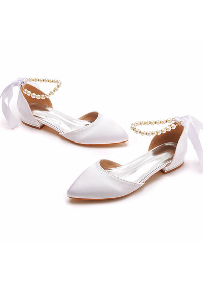 Flat-heeled Pointed Satin Beaded Bridal Shoes