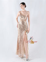 One Shoulder Sequins Beading Prom Dress