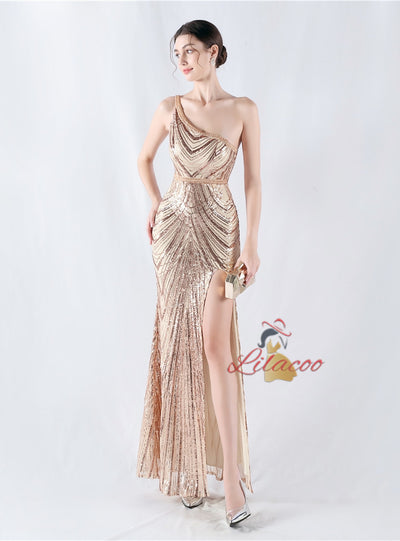 One Shoulder Sequins Beading Prom Dress