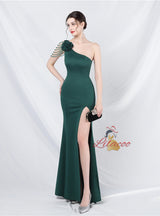 One Shoulder Mermaid Split Beading Prom Dress