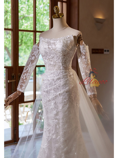 White Mermaid Lace Tulle Long Sleeve Wedding Dress