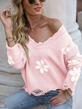 Hole Long Sleeve Loose Small Flower V-neck Sweater