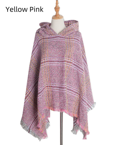 Shaggy Plaid Hooded Cloak Shawl
