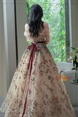 Champagne Tulle Embroidery Flower Prom Dress
