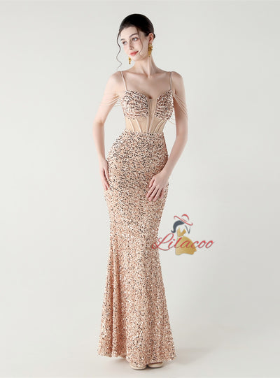 Mermadi Sequins Spaghetti Straps Beading Prom Dress