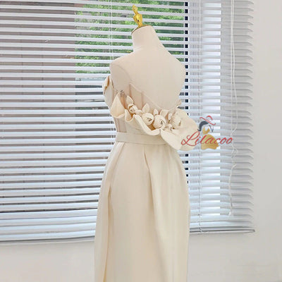 Ivory Satin Strapless Flower Wedding Dress