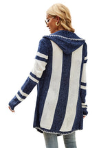 Striped Contrast Hooded Irregular Long Sleeve Sweater Coat
