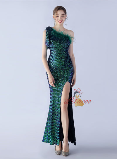 One Shoulder Split Sequins Prom Dress