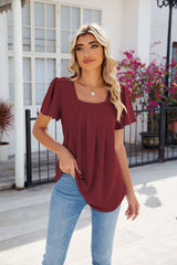 Solid Color Pleated Short Sleeve Loose T-shirt
