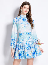 Slim Lantern Sleeve Ruffled Printed Dress