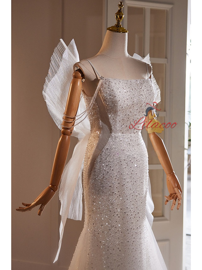 White Mermaid Sequins Straps Beading Wedding Dress