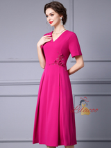 Fuchsia Short Sleeve V-neck Mother Of The Bride Dress