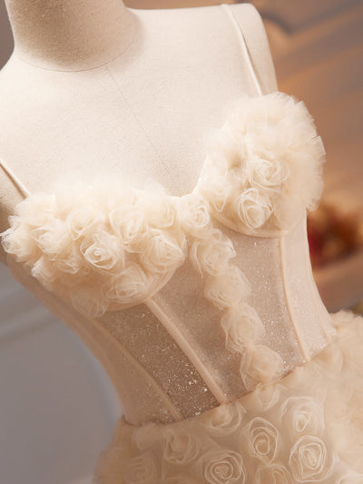 Champagne Tulle Straps Flower Homecoming Dress