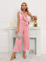 Sleeveless V-neck Lotus Leaf Pleated Jumpsuit