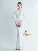 Long Sleeve Mermaid V-neck Sequins Prom Dress