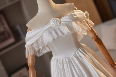 Simple White Lace Satin Off the Shoulder Wedding Dress