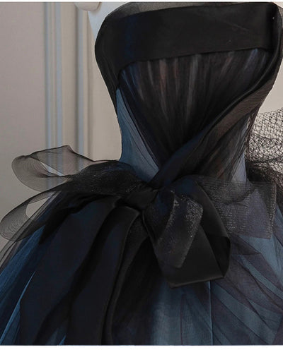 Black Tulle Strapless Pleats Prom Dress