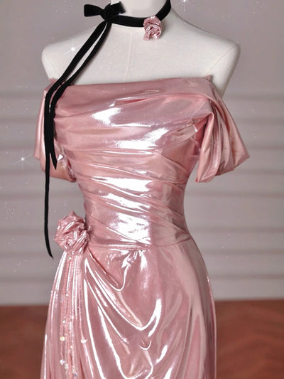 Pink Mermaid Pleats Off the Shoulder Prom Dress