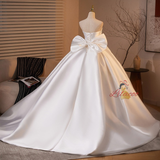 White Satin Strapless Bow Pleats Flower Wedding Dress