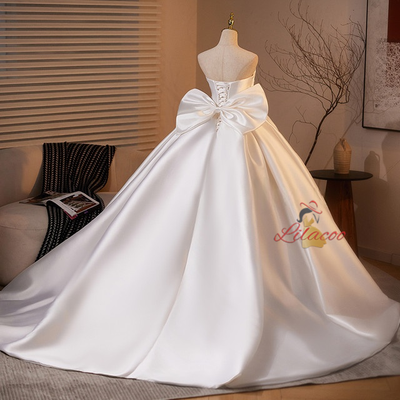 White Satin Strapless Bow Pleats Flower Wedding Dress