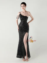 Mermaid Sequins One Shoulder Split Beading Prom Dress