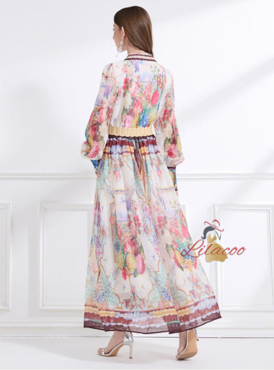 Long Sleeve V-neck Printed Dress