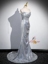 Silver Mermaid Sequins Straps Pleats Prom Dress