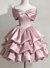 Pink Satin Off the Shoulder Tiers Homecoming Dress